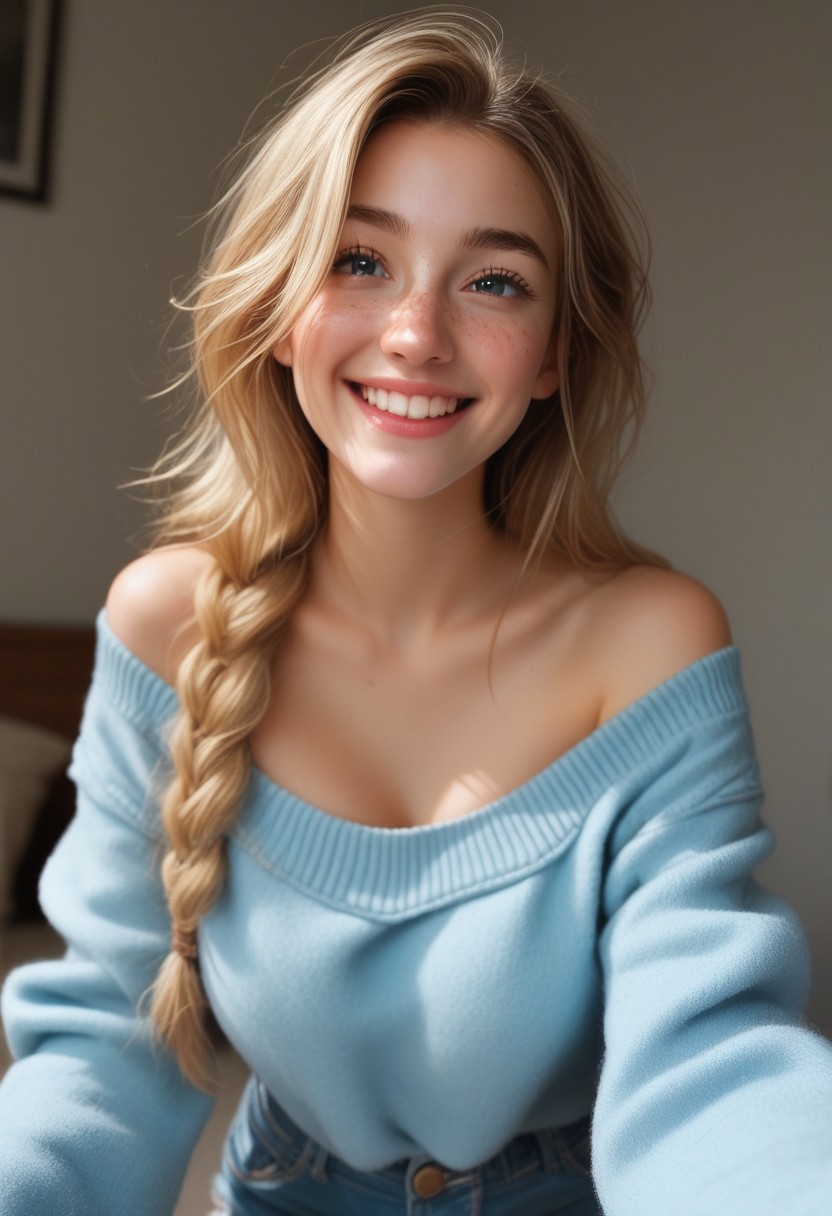 score_9, score_8_up, score_7_up, score_6_up, realistic, photorealism, high definition, detailed, 1woman 18 year old, cute face, round face, petite body, blonde hair, long hair, clear eyes, freckles:0.5, natural saggy:1.2 breasts, large breasts, very cute, cute:1.2, ((1woman)), one big Braid, Long Hair, Hair falling down, in love, Happy, smiling in Love, smiling, vivid colours, White Long fingernails, blue knitted jumper, loose jumper, bare Shoulders, Long sleeves, open blue denim jeans, standing, livingroom,            deep cleavage, Dynamic Angle, Show tits, tits Focus,