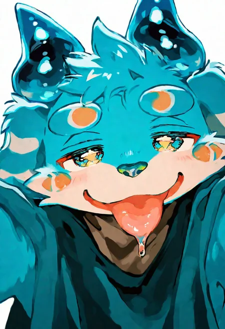 megemaru (kemogashima), artist:zuppu11, r5k8m, momowaa, tencarcyan_old_type2, 1boy, solo, furry, cute, kemono, masterpiece, best quality, very awa, very aesthetic, absurdres, looking at viewer, tongue out, drooling, upper body, close shot