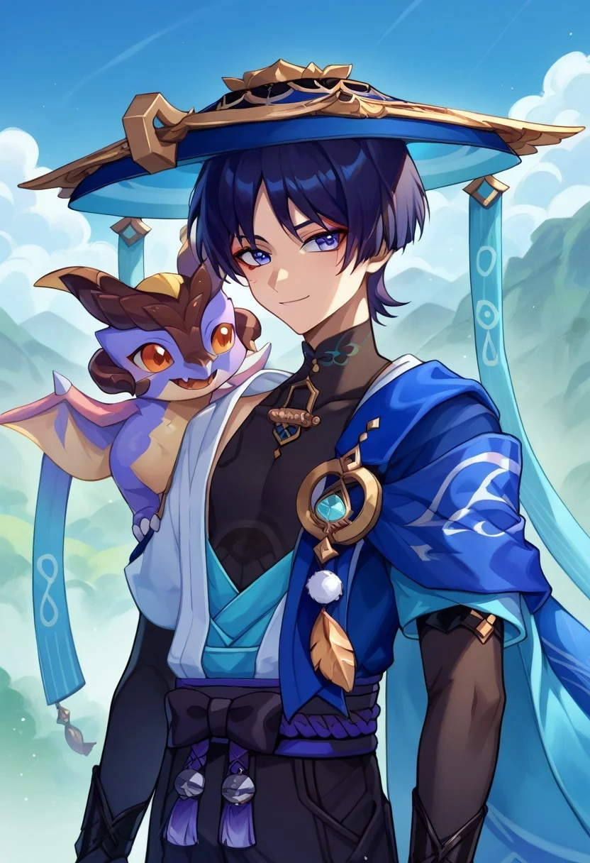 score_9, score_8_up, score_7_up, source_anime, highly detailed,

scaramou,1boy, male focus, indigo hair, short hair, bangs, purple eyes, red eyeshadow,, japanese clothes, hat, blue headwear, jingasa, kurokote, mandarin collar, shirt, black shirt, sleeveless, vest, blue vest, open vest, cape, blue cape, elbow gloves, black gloves, fingerless gloves, kote, belt, purple belt, tassel, shorts, black shorts, durin (dragon), on shoulder, light smile

outdoor, mountains, sky,