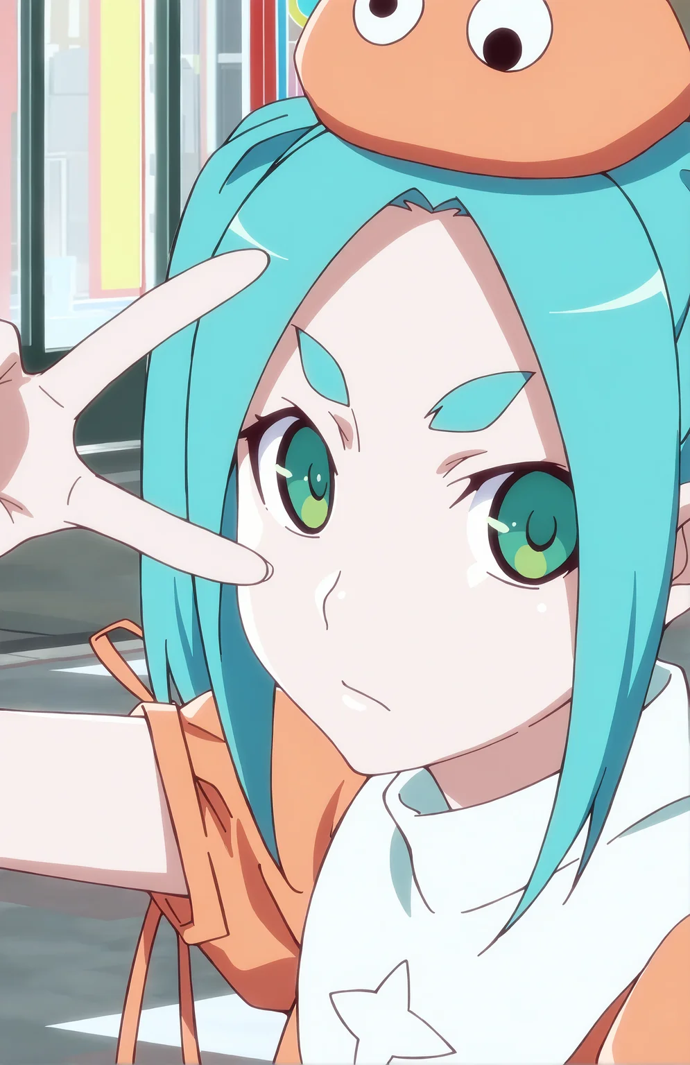OnonokiYotsugi. 1girl, aqua hair, twintails, green eyes, orange hat, orange dress, short sleeves, street, face focus, (V), portrait, front view, posing
