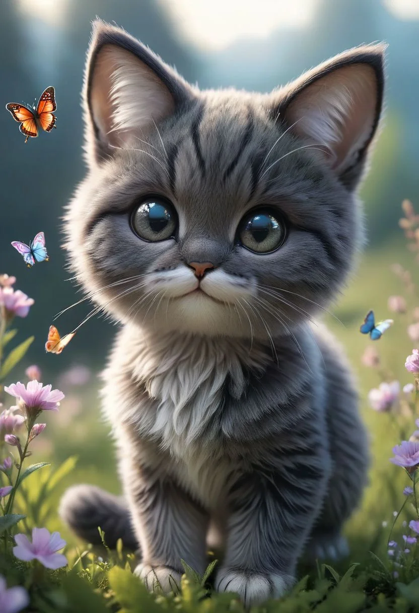(((videogame_style))), (sharp focus:1.2), lineart, flat color, monochrome, greyscale, depth of field, bokeh, 8k, OLED, 1 black baby catsbeing playful, wearing ribbon choker in different colours, different fur, super cute,, The cat raise its paws towards the viewer, on a flower meadow at sunrise, a gloomy butterflies surround them,lluminated by the ethereal glow of studio lightning, the light is reflecting shadows on the cute animals, for the viewer, they appears alive, as if a glimpse of itheir inner sparkle is possible, sunrise, peacful and grateful atmosphere, painted hearts, magical atmosphere, close up, (((cuteness overload)))