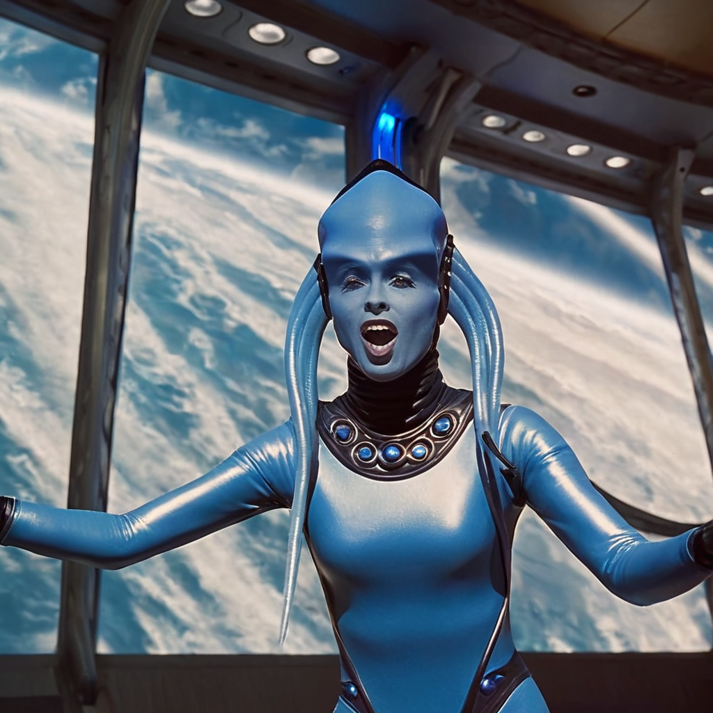 cinematic film still of <lora:detailed:0.5>
  <lora:perfection style:0.5>
<lora:Le Cinquieme Element style:0.5>
 <lora:Diva Plavalaguna :1>
Diva Plavalaguna In futuristic 2263 Diva a blue alien woman in a blue bodysuit standing in front of a window,1girl,solo,open mouth,jewelry,cloud,colored skin,science fiction,realistic,blue skin,space,planet,alien,earth (planet),spacesuit , 23rd century, realistic, cinematic, film, movie, sci fi, science fiction, action film, The Fifth Element style, Le Cinquieme Element style, singing on space stage, operatic performer, shallow depth of field, vignette, highly detailed, high budget, bokeh, cinemascope, moody, epic, gorgeous, film grain, grainy