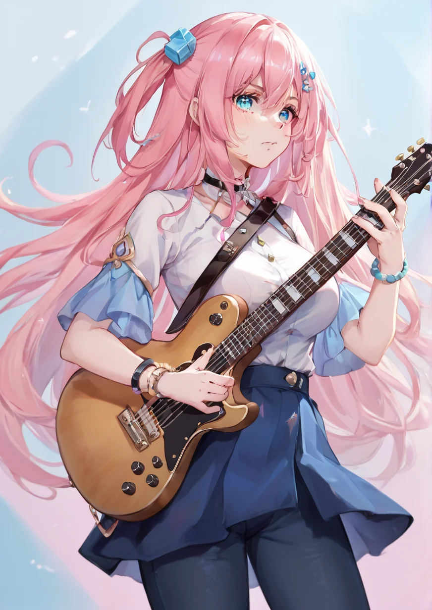 1girl, gotoh hitori, huge breast, blue eyes, bracelet, closed mouth, cube hair ornament, frown, guitar, hair ornament, holding, holding instrument, instrument, jewelry, long hair, multicolored background, one side up, pants, pants under skirt, pink hair, skirt, solo,,zPDXL3   <lora:Mihan:0.9>