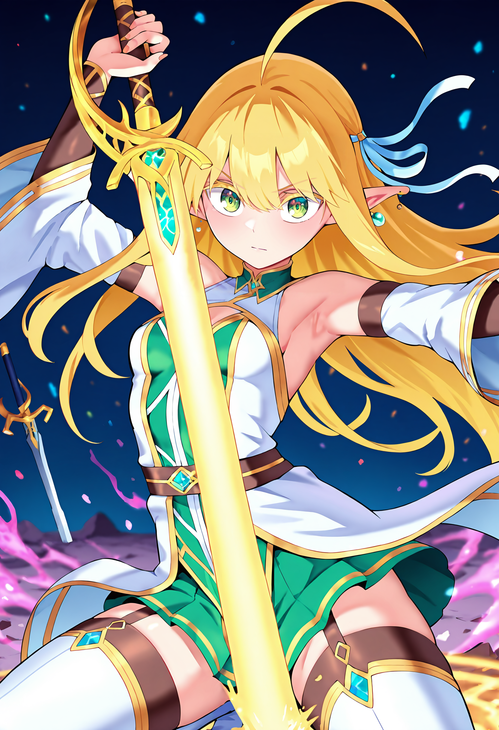 masterpiece, best quality, amazing quality, very aesthetic, absurdres, newest, 1girl, solo girl, cowboy shot, close op, battle pose, dynamic pose, kneeling, holding sword, planted sword, 
BREAK <lora:Tia_Lunaritia_r1:0.8> Tia, elf, blonde hair, long hair, ahoge, big eyes, pointy ears, green eyes, earrings, tilted head, colored eyelashes, hair ribbon, small breasts, casting earth magic, magic, 
BREAK dress, skirt, garter straps, detatched sleeves, 
masterpiece, best quality, amazing quality, very aesthetic, absurdres, newest