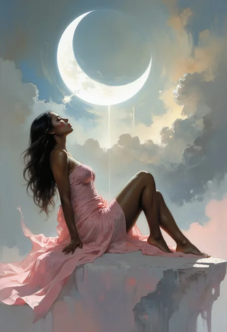 A hyper-realistic digital portrait of a dark-skinned woman with a voluptuous figure and long, sleek hair, posed in a surreal, ethereal setting. She reclines gracefully on a cloud, her head tilted back with her eyes closed, exuding a serene, dreamlike expression. Her body is draped in sheer, light pink fabric that cascades around her in delicate folds, its soft, silky texture enhancing her glowing, smooth skin while revealing her bare legs in a natural, elegant pose. Behind her rises a luminous crescent moon, its striking, ethereal white surface providing a mesmerizing contrast to the soft pastels and grays of the stormy and misty clouds that swirl in the background. The interplay of textures—the flowing fabric, the smooth crescent moon, and the fluffy clouds—creates a dynamic yet harmonious composition. Muted colors and subtle lighting lend a mystical quality, with soft highlights accentuating her form and blending fantasy with realism to craft a powerful, emotionally evocative image. HD, 8K quality, ultra-detailed, masterpiece artwork, flawless anatomy.