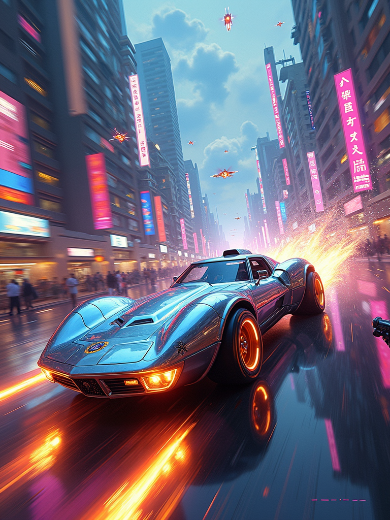 The painting is rendered in an exaggerated, hyper-stylized sci-fi style. The brushstrokes are bold and dynamic, creating a sense of speed and energy. The colors are a vivid explosion of neon and metallic hues, with a constant play of light and shadow. The texture is a combination of smooth surfaces and sharp edges, giving a sense of high-tech and futuristic design.
Scene Description: In the center of a chaotic urban landscape, a sleek and powerful sports car blazes a trail of light. The car is a work of art, with a streamlined body that seems to be made of liquid metal. Its surface is covered in thousands of tiny reflective panels that catch and refract the light in a dazzling display. The car's tires are massive, with glowing treads that leave trails of fire as it speeds through the city. The background is a cityscape of towering skyscrapers and neon signs, all bathed in a kaleidoscope of colors. Flying vehicles and drones buzz around the car, adding to the chaos and excitement.
Composition: The sports car is the focal point of the painting, positioned diagonally across the canvas to create a sense of movement. The cityscape and flying objects frame the car, leading the eye around the scene. The composition is asymmetric and full of energy, with no clear center but a constant flow of action.
Color Palette: The colors are a vivid mix of electric blues, purples, pinks, and golds. The car is a combination of metallic silver and neon accents, while the cityscape is a riot of colors. The light reflected by the car's panels creates a rainbow of hues that add to the visual impact.
Light and Shadow: A harsh, bright light shines on the car from multiple angles, creating deep shadows and highlighting the reflective surfaces. The cityscape is bathed in a soft glow of neon lights and holographic projections, creating a contrast between the bright and the dark. The light and shadow add drama and intensity to the scene.
Detail: Every aspect of the painting is filled with intricate details. The car's body is covered in tiny mechanical parts and symbols, while the reflective panels are highly detailed and show a distorted view of the surrounding city. The cityscape is filled with small details such as people, signs, and flying objects, all adding to the sense of chaos and excitement.