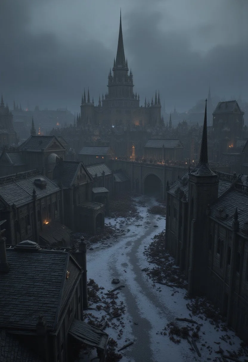 3DGame,The image depicts a desolate, medieval village shrouded in fog and snow. The architecture is gothic, with pointed arches and spires, suggesting a setting from a bygone era. The village is in ruins, with many buildings partially collapsed or showing signs of decay. Debris is scattered across the snow-covered ground, and the wooden structures are weathered and broken.
A stone bridge connects two parts of the village, leading towards a central tower that looms in the background, adding to the sense of a once grand but now abandoned place. The color palette is muted, dominated by grays and whites, which enhances the cold and desolate atmosphere. A few small lights flicker within the ruins, providing a stark contrast to the surrounding darkness and hinting at some lingering life or activity within the village.
The overall mood is one of mystery and melancholy, as the village seems to be a remnant of a forgotten time, left to the elements and the passage of history. The image evokes a sense of solitude and the relentless march of time, leaving behind structures that once thrived but are now silent witnesses to the past.