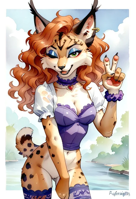 score_9, score_8_up, score_7_up, source_furry, Slender, slim, fit, adult female lynx, green eyes, (eyeliner:1.9), (eyeshadow:1.9), feminine eyelashes, (paws:1.3), small claws, fang, paw pads, (wavy hair, orange hair, violet highlghts:1.4), (scrunchie:1.3), jewel choker, bracelets, open-toe stockings, leg up, cheerful expression, smile, wink, furry, (lace trim:2), glitter shirt, cutout shirt, cleavage, bow detailing, (correct anatomy:2), (watercolor:2), Miyu, standing pose, view from behind