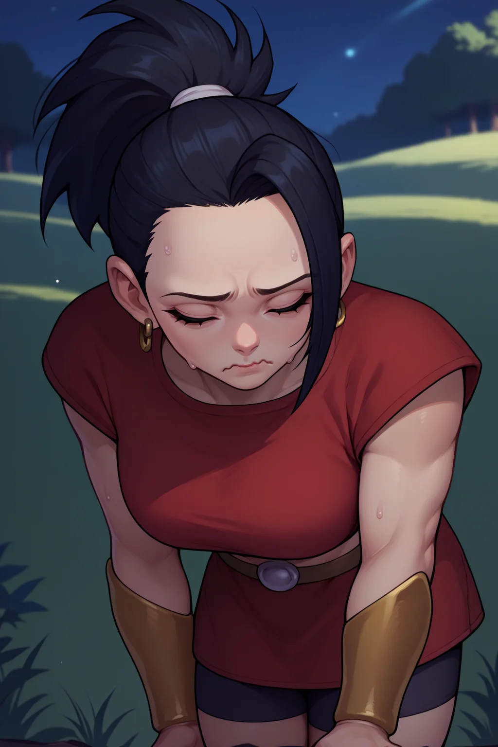 score_9, score_8_up, score_7_up, score_6_up, source_anime, 1girl, solo, <lora:kale-pdxl-nvwls-v1-000007:1> defKal, black hair, black eyes, ponytail, earrings, red crop top, bracer, red skirt, shorts under skirt, big breasts, closed eyes, wavy mouth, looking up, sweat, night, field, trees