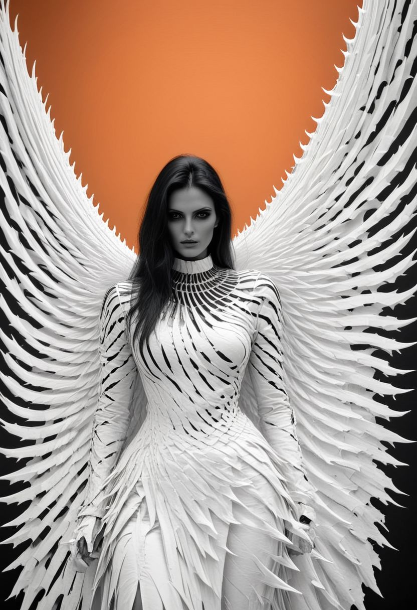 Franco fontana Style, White and black bold very thick 3D lines By Bw-grignani, Made of bold lines, Shiny emphasis lines rough linen knightess with Lots of Details, By resembling the style from an modern eye-shadow Advertisement, with silver reflecting necklace with large spikes, sideview wielding large silver rusty chainsaw, very long sawblade, hellgate London themed, very Long Hair, high Quality, intricate, maximum resolution, hyper detailed, vertical lines, horizontal lines, translucent orange 3D effect Background swirl that Looks Like an otclillsn optical Illusion