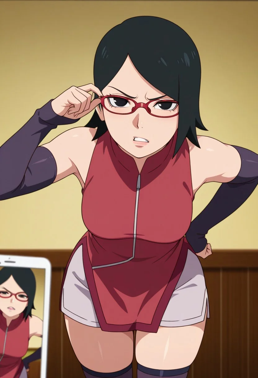 masterpiece, best quality, amazing quality, 4k, anime coloring, anime screencap, BREAK
(1girl, solo, sarada, black eyes, black hair, short hair, glasses,
detached sleeves, shorts, thighhighs, red sleeveless dress, thick thighs, medium breasts, semi-developed body, standing, half-closed eyes, sassy expression, annoyed, teeth, glossy lips, defined lips, posing for photo, frowning, split lips, defined lips, adjusting glasses, expressiveh, slightly irritated, hand on hip, leaning forward, facing the viewer, medium shot, close up, female Focus, front view, front angle, bedroom