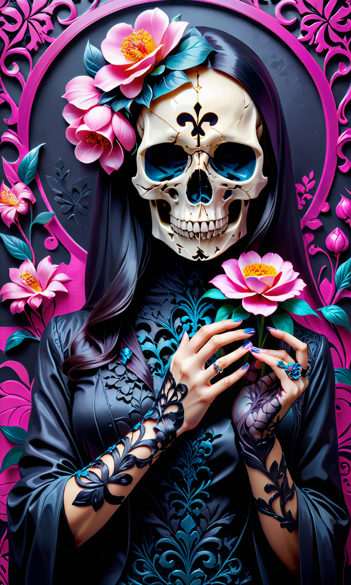 <lora:Skull:0.75> epoxy_skull, A skullish-pink and a flower in her hand, precise hand, by artgerm, photorealistic, ultradetailed, intricate patterned fabric style, trending on ArtStation HQ. geometric background, concept design, art painting, most beautiful image ever created, realistic mood, 8k