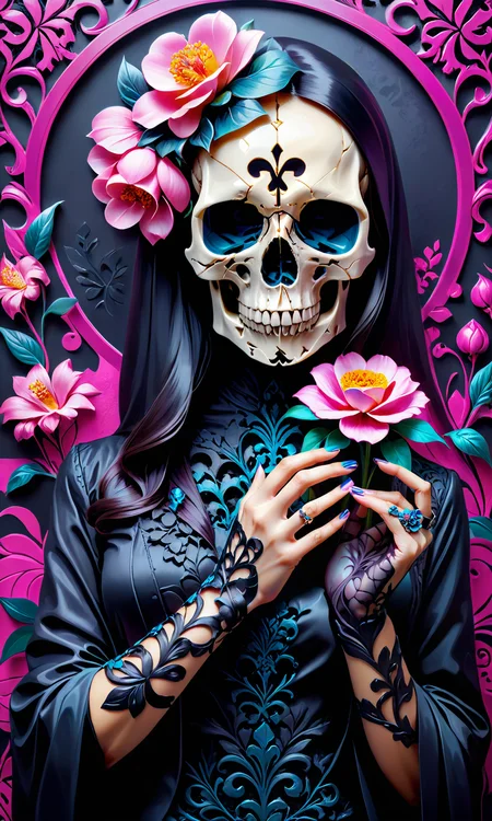 <lora:Skull:0.75> epoxy_skull, A skullish-pink and a flower in her hand, precise hand, by artgerm, photorealistic, ultradetailed, intricate patterned fabric style, trending on ArtStation HQ. geometric background, concept design, art painting, most beautiful image ever created, realistic mood, 8k