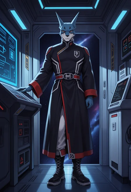 masterpiece,best quality,amazing quality, 1boy, solo, d0gg13, furry, space robe, white pants, boots, red eyes, full body, command room,