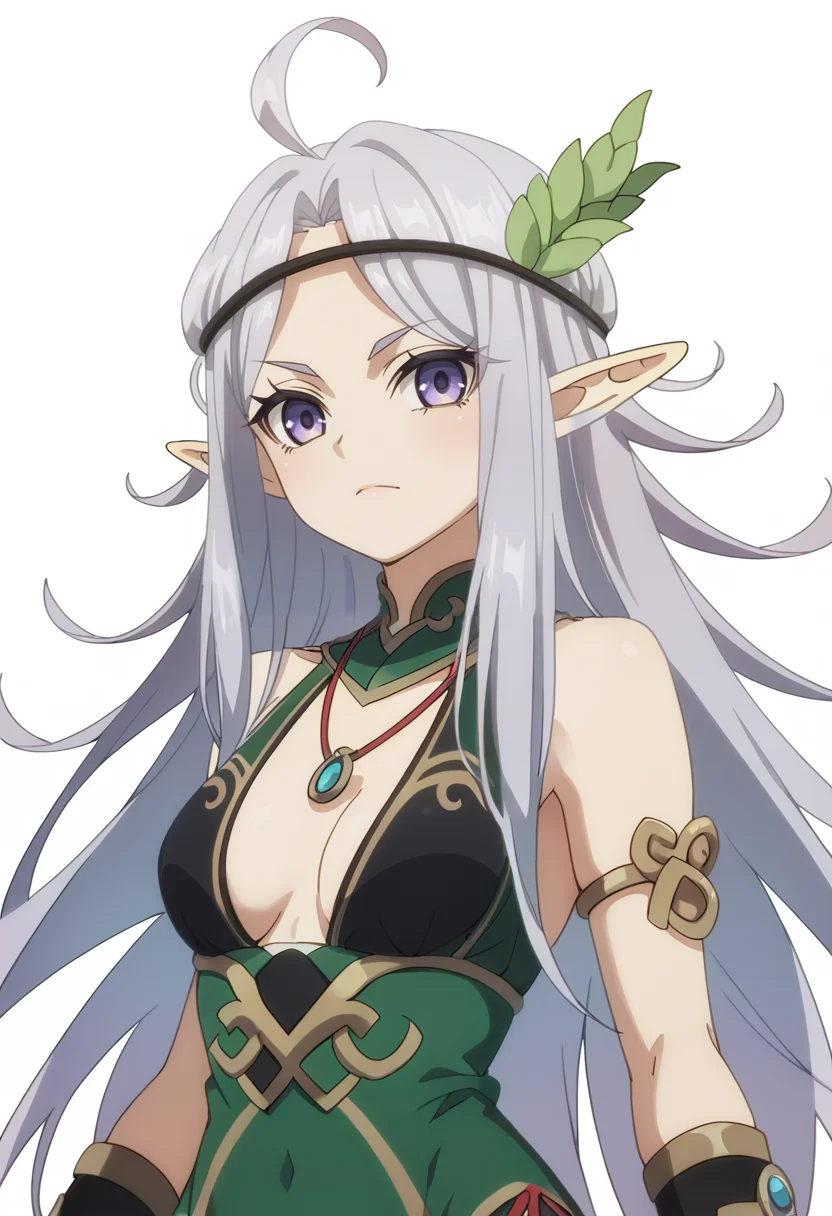 score_9_up,score_8_up,score_7_up,
solo,<lora:Kris ARGENT_v1.0_pony-000038:1>,
(LTGSR)_Kris,pointy ears,long hair,ahoge,purple eyes,
looking at viewer,breasts,
puffy shorts,black midriff,black bracers,
upper_body,green dress,white_background,simple_background