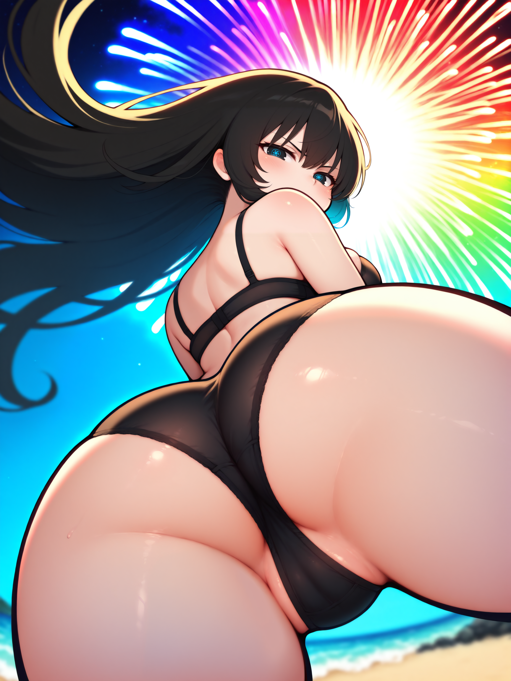 masterpiece, best quality, amazing quality, by asukaln
(solo:1.4), Kagura_IL, black hair, long hair, large eye iris, black eye iris, (blue pattern on iris:1.4), large breasts, Kagura_underwear, black underwear, black bra, black panties
firework, beach, flowing hair, flying hair, from below, crouched, back lighting, dark, multicolored background, blurred background, bright, multicolored, bright colors of paint, lots of multicolored rainbow light, face focus, lots of soft light, soft colors
<lora:Mystyle_SDXL_LoCon_DORA_v2:1>
<lora:SK_Kagura_IL:0.8>