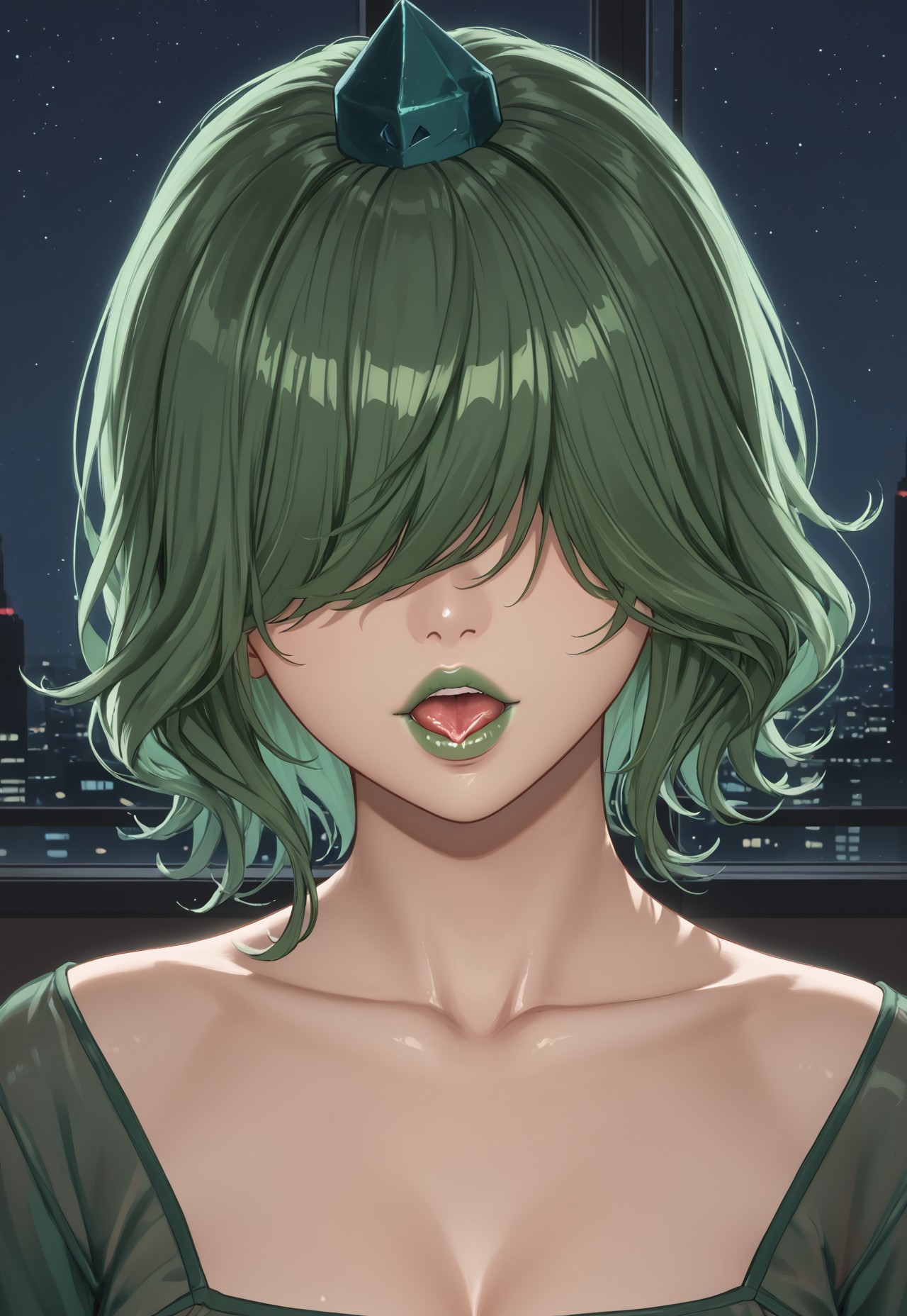 1girl, solo, solo focus, highres, absurdres, CL_Levit, long bangs, hair over eyes, green hair, lipstick, shiny lips, green lips, short hair, wavy hair, tiny hat,

collarbone, close-up, face focus,

looking at viewer, head tilt, open mouth, tongue out, saliva, 

indoor, cityscape, neon lights, window, dark, night, night sky, light particles, backlighting, shade,