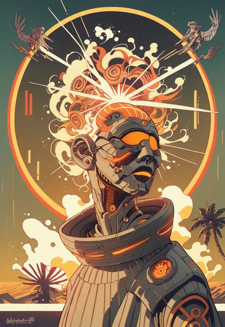 score_9_up, score_8_up, score_7_up, score_6_up, rating_safe, 1girl, cowboy shot, mechabare, , ancient tribal mask, desert, nuclear explosion, night, dark,, explosion,cyber, orange neon, silve metallic, city background, DonMX3n0T3chXL, did vaporwave style, split head,, Surreal Harmony, in the style of james-jean