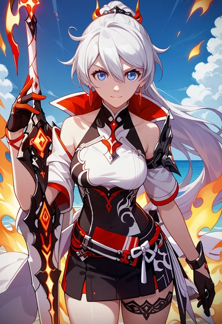 score_9,score_8_up,score_7_up,source_anime,Kiana Kaslana,1girl,solo,breasts,looking at viewer,smile,hair ornament,holding,closed mouth,jewelry,ponytail,weapon,earrings,sword,holding weapon,holding sword,flaming weapon,