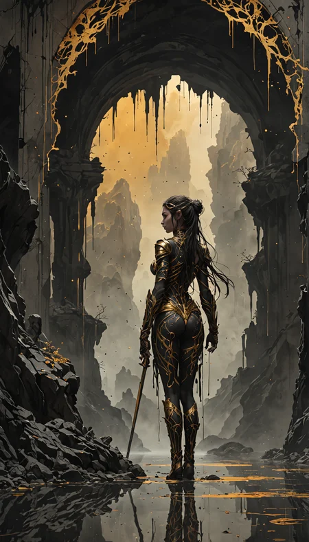 Ink illustration, 1girl, mythological goddess armor, slender frame, suggestive arch, molten gold, volcanic cavern, enchanting, silhouette, black and gray, reflection, fog, eerie light, center shot, limited palette, tense, disturbing, unsettling, one isolated gold stain, ink splatters, ink spots, sharp focus, vibrant, rich colors, linquivera, ais-sinisterz. digital painting, artstation, concept art, sharp focus, illustration, art by Carne Griffiths and Wadim Kashin, Masterpiece, Best quality, Ultra-detailed.