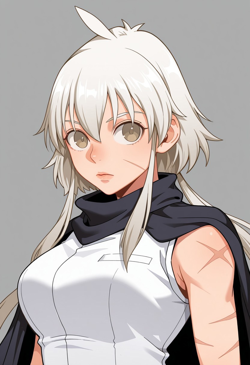 Yoo Mira, white long hair, scars, pale yellow eyes,