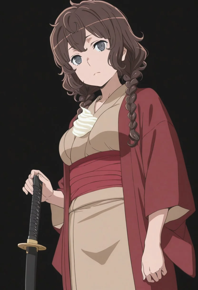 masterpiece, best quality, amazing quality, anime, sole female, <lora:DanMachi_Style:1>, 1girl, human, medium breasts, shoulder-length hair, curly hair, dark brown hair, twin braids, masterpiece, soft face, grayish eyes, detailed eyes, standing, looking at viewer, light cream brown kimono, haori dark brown, red black, full shot, 1 sheathed katana, black background,
