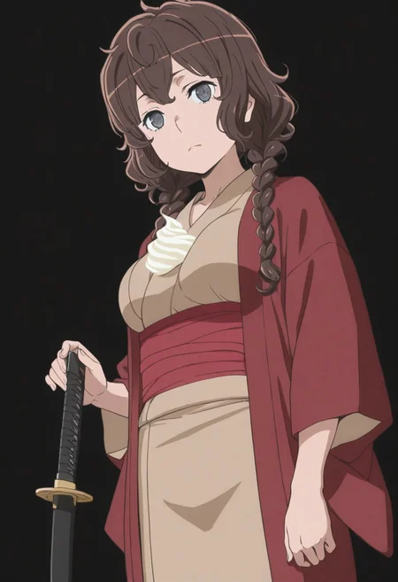 masterpiece, best quality, amazing quality, anime, sole female, <lora:DanMachi_Style:1>, 1girl, human, medium breasts, shoulder-length hair, curly hair, dark brown hair, twin braids, masterpiece, soft face, grayish eyes, detailed eyes, standing, looking at viewer, light cream brown kimono, haori dark brown, red black, full shot, 1 sheathed katana, black background,