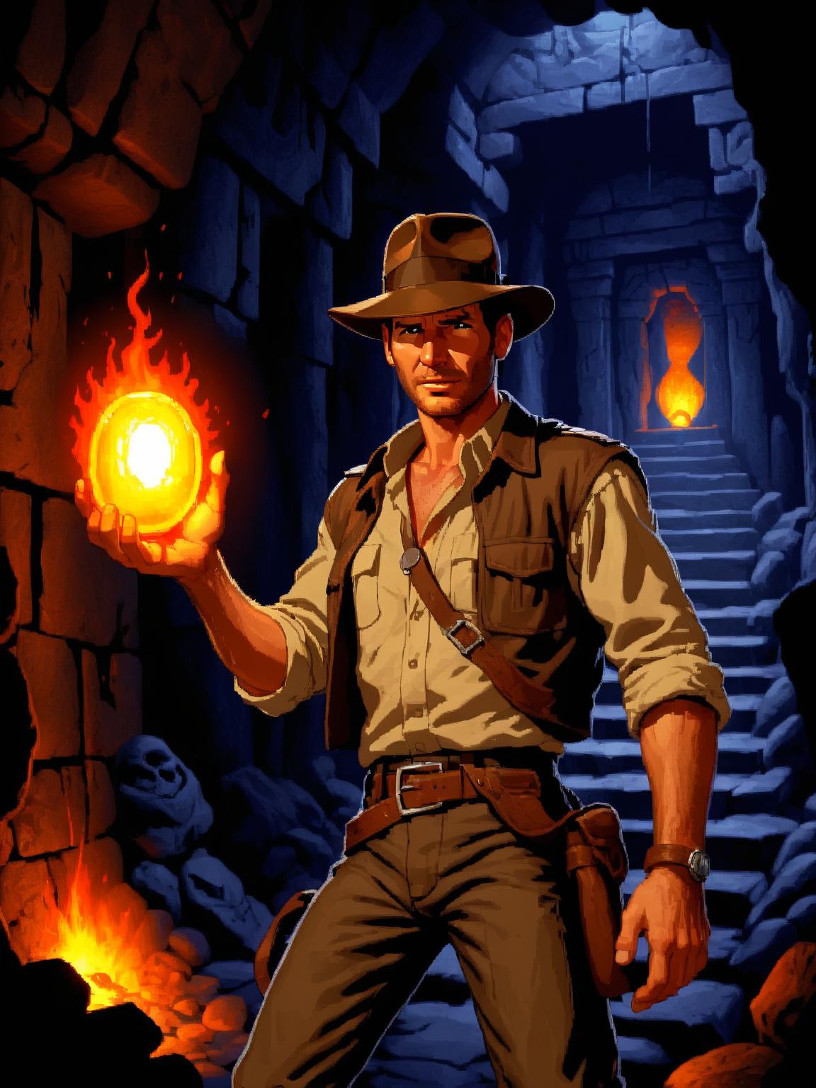 lucasarts style, indiana jones is holding a glowing oblong stone in a dark dungeon temple with a large lava molten pit <lora:lucasarts style:1>