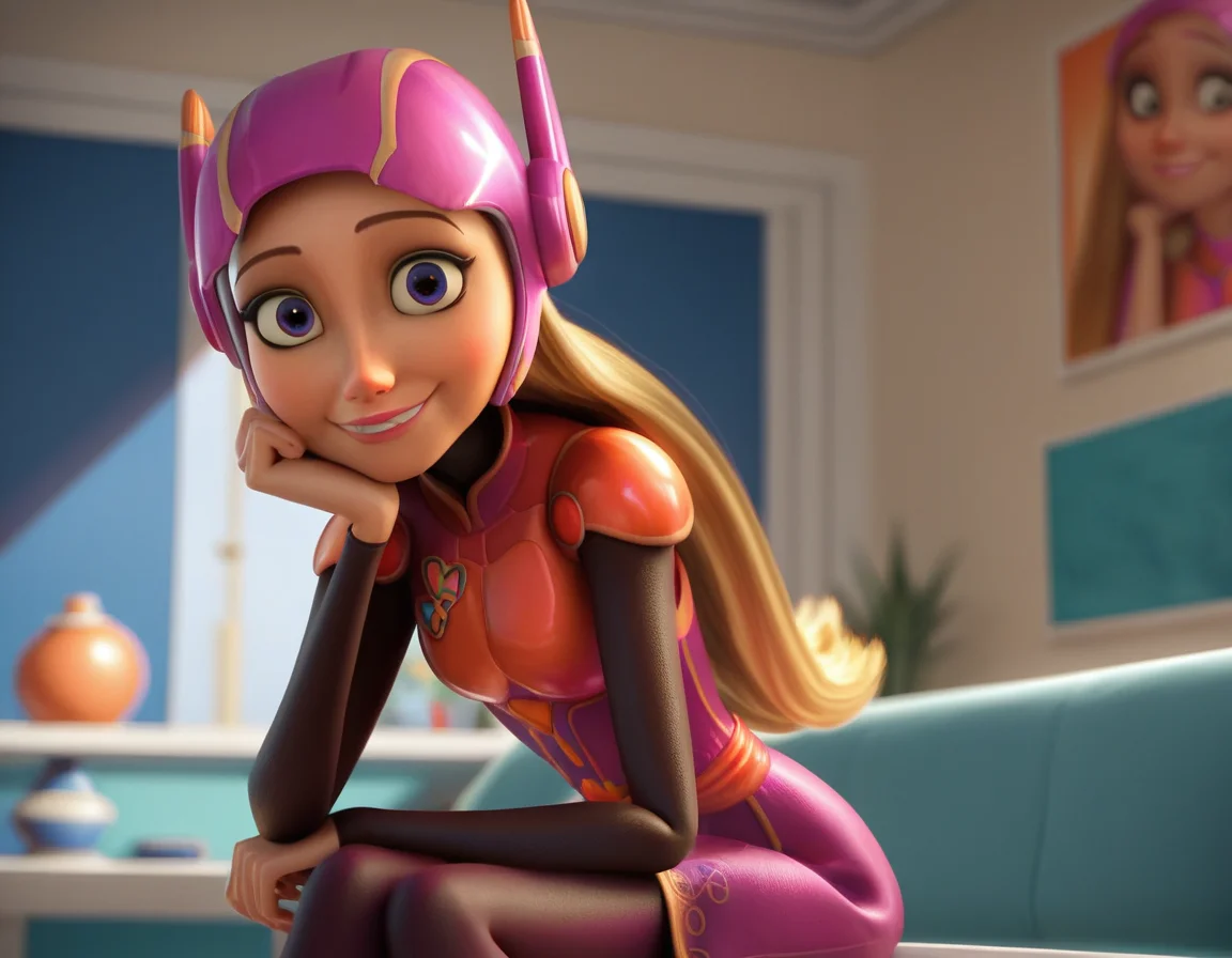 score_9, score_8_up, score_7_up, source_anime, <lora:honey-lemon-movie-ponyxl-lora-nochekaiser:1>, honey lemon, long hair, blonde hair, 3d,, dress, pantyhose, helmet, android, robot ears,, indoors, smile, looking at viewer, solo, sitting, head rest,, cowboy shot, dutch angle