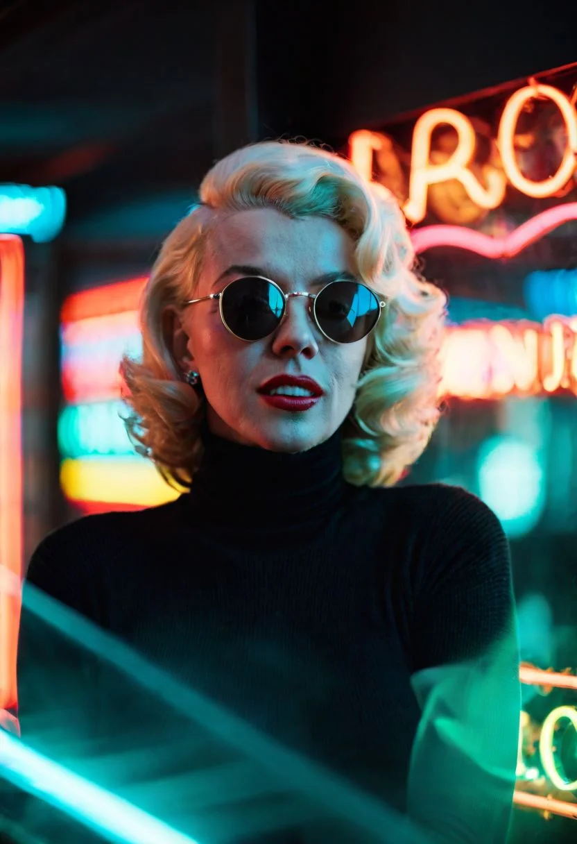 cinematic photo, neon lights, closeup portrait photo of Marylin Monroe in her 20s wearing a (black turtleneck:1.2) and sunglasses, highly detailed, depth of field, (blurry background:1.2), fflix-npt