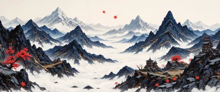 Sweeping ink landscapes with dramatic mountain silhouettes inspired by traditional Chinese brush painting (shan shui), executed in bold, expressive brushstrokes with visible dry-brush techniques. Layered washes of indigo, charcoal, and misty gray create atmospheric depth, punctuated by delicate crimson maple leaves dancing across the composition. Heavy emphasis on negative space and asymmetrical balance, following principles of wabi-sabi aesthetic with intentional imperfections. Stark vertical format with exaggerated height, creating a sense of monumental scale. Subtle gold leaf accents catch light at the horizon line where mountains meet sky. Inspired by Song Dynasty masterworks with contemporary abstract expressionist influences, capturing both ancient reverence for nature and modern emotional intensity. Textural rice paper surface visible through translucent ink washes, enhancing the meditative quality. Ethereal mist clouds swirl through valleys, suggesting movement and the ephemeral nature of existence. <lora:flux_ptchkrawk:0.5> <lora:MoriiMee_Gothic_Niji_Style_FLUX:0.6> <lora:Classic_Anime_Colors:0.6> <lora:FluxMythAn1meL1nes:0.6> <lora:flux_dev:1>