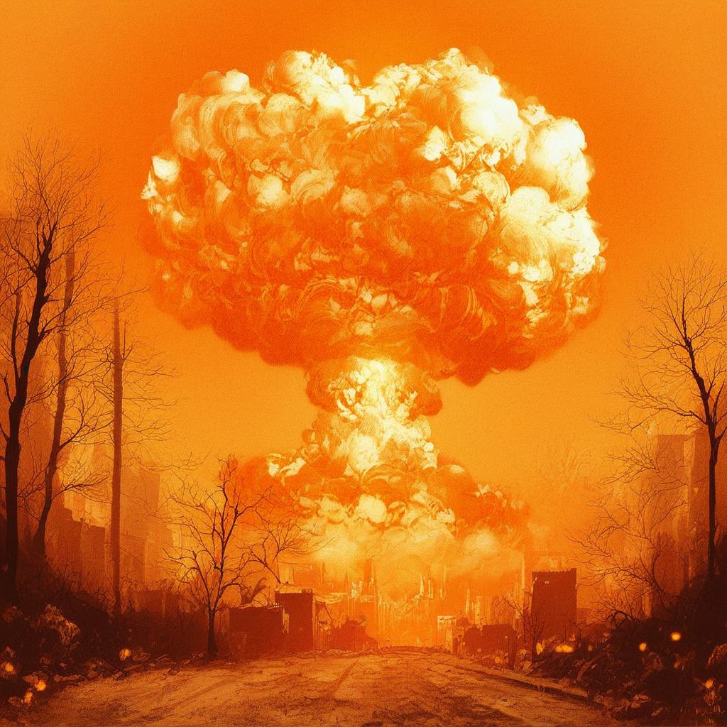 score_9, score_8_up, score_7_up,   detailed background, realistic lighting, city scape, trees, dead tree, nuclear explosion in background, nuclear explosion, orange theme,,