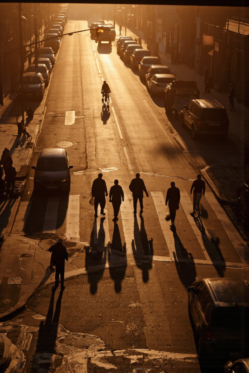 A cinematic photo. A photo-realistic photograph taken from a bird's eye view of a city street at sunset, showcasing a group of people crossing the street with their shadows cast across the road. the scene is illuminated by warm, golden light from the setting sun, casting long shadows across the entire frame. the street is lined with parked cars and pedestrians, creating a stark contrast between the warm tones of the sky and the cool, urban setting. in the center of the image, a few people are walking across the street, some of them carrying bags, while others are riding bicycles. a car is parked on the left side of the road, and a pedestrian crossing is visible in the foreground. a traffic light is also visible, casting a warm glow over the scene. the overall mood is peaceful and contemplative, evoking a sense of tranquility and solitude.