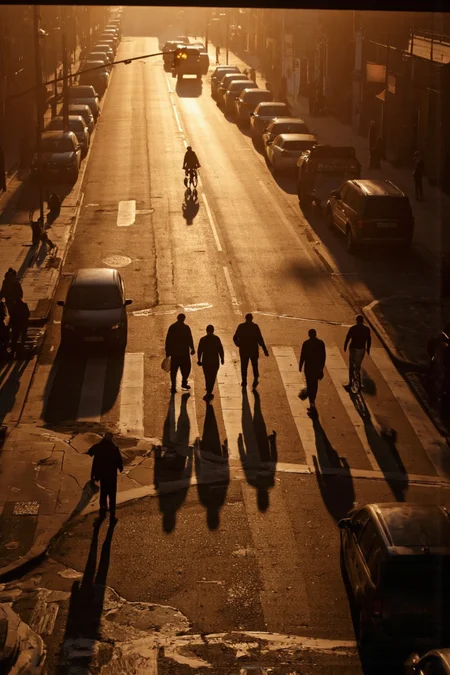 A cinematic photo. A photo-realistic photograph taken from a bird's eye view of a city street at sunset, showcasing a group of people crossing the street with their shadows cast across the road. the scene is illuminated by warm, golden light from the setting sun, casting long shadows across the entire frame. the street is lined with parked cars and pedestrians, creating a stark contrast between the warm tones of the sky and the cool, urban setting. in the center of the image, a few people are walking across the street, some of them carrying bags, while others are riding bicycles. a car is parked on the left side of the road, and a pedestrian crossing is visible in the foreground. a traffic light is also visible, casting a warm glow over the scene. the overall mood is peaceful and contemplative, evoking a sense of tranquility and solitude.