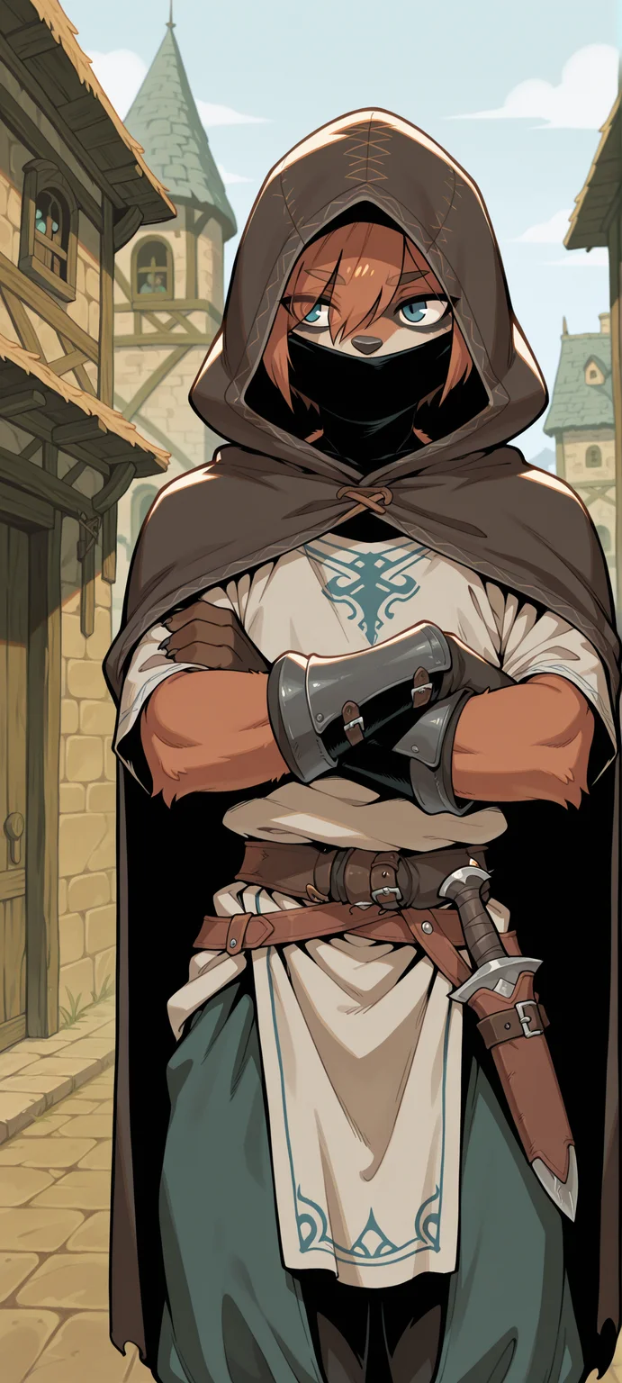 solo, tomboy, masculine, 1girl, furry, raccoon, short hair, eyes visible through hair, skinny, fantasy, thief, hood up, covered mouth, hooded cloak, armor, tunic, loose clothing, baggy clothing, dagger, crossed arms, town square, facing viewer, masterpiece, best quality, amazing quality, <lora:E621_Ultimate_Favorites_Mix_Illustrious:1>