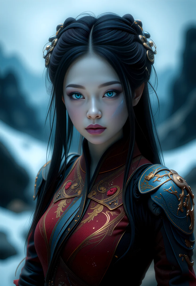 a post-apocalypse portrait of a young beautiful ninjapunk Chinese woman with mechanical_arms and pale skin and long dark hair, blue mystical make up, striking white eyes with , pale blue lips. She wears an ornate, traditional garment in red gold and blue with dragon-like designs on the shoulders. Set against a blurred snowy landscape with dark rocks and trees creating a serene mystical atmosphere. The style focuses on realistic textures, intricate details, and ethereal beauty, evoking a contemplative, mystical mood.   <lora:art and styles/MysticFantasy.safetensors:1.0>,  <lora:flux/flux_realism_lora.safetensors:1.0>,