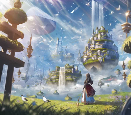 (woman), fantasy armour, embroidery, bag, holding staff, floating islands, caustics, depth of field, masterpiece, sunlight, grass, waterfall, birds