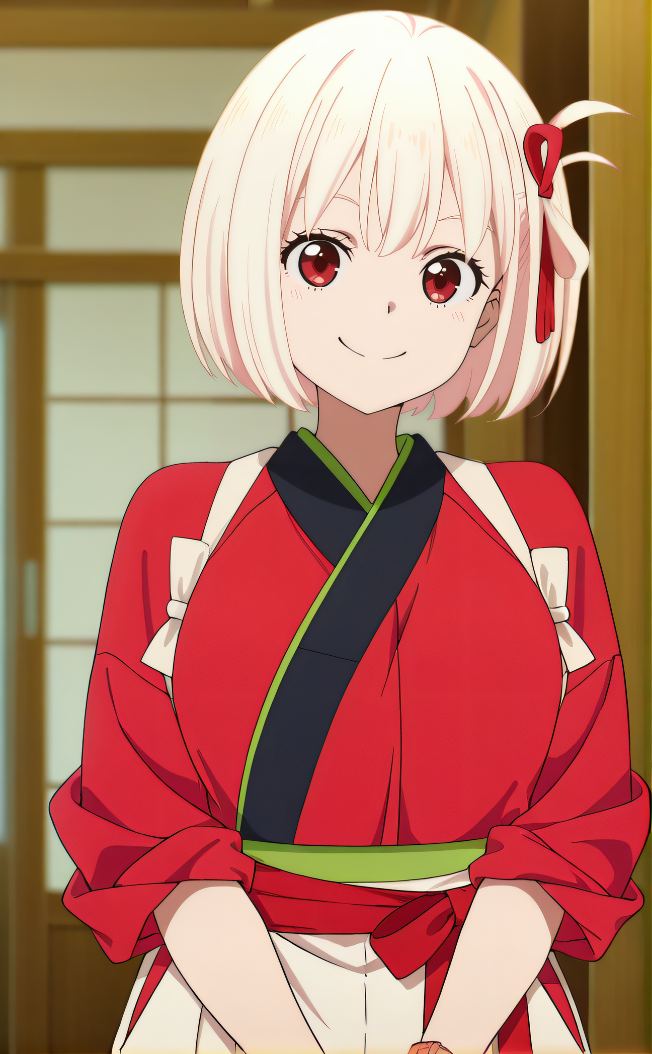 masterpiece, best quality, highres, newest, 1girl, solo, official style, anime screencap, <lora:Nishigiki_Chisato:1>, chisato, blonde hair, bob cut, red eyes, red ribbon, japanese clothes, rolled up sleeves, looking at viewer, smile, indoor, cowboy shot, hands together