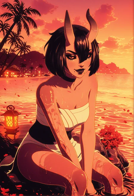 GLSHS,delicate colors,partially illuminated, (masterpiece, absurdres, very awa:1.4), golden hour, orange theme, sunset, beach, rocks, beach ball, sand, palm tree, smug, looking at viewer, fortnitenightrose, 1girl, black hair, short hair, bob cut, bangs, hair between eyes, hair over one eye, asymmetrical horns, oni horns, skin-covered horns, black eyes, black sclera, sclera, closed mouth, mole, mole under mouth, black lips, lipstick, makeup, natural hot spring, sitting on rock with legs dipped in water, wet skin, towel draped around body, cleavage, steam, gentle ripples in water, warm lantern glow, flower petals floating on water, <lora:GLSHS-IL:1.2>, <lora:Fortnite_The_Night_Rose_All_Outfits_ILXL:0.8>, <lora:dmd2_sdxl_4step_lora:1>