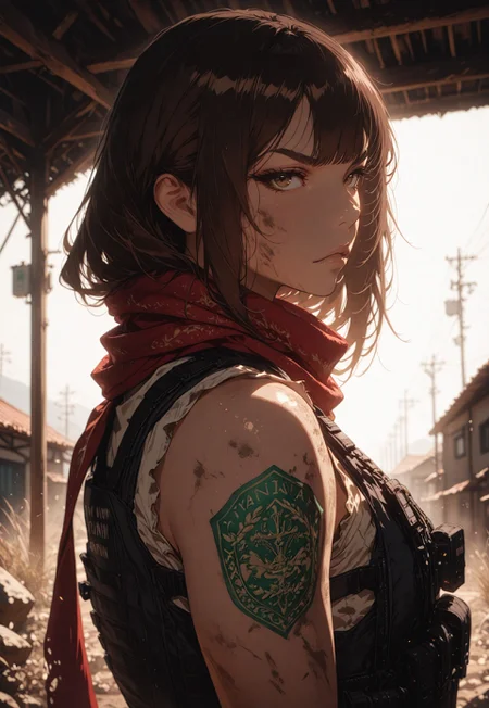 masterpiece, best quality, amazing quality, very aesthetic, high resolution, ultra-detailed, absurdres, newest, scenery, {Prompt}, BREAK, depth of field, volumetric lighting,
,iranian woman, brown hair, brown eyes,strong brows,arm tattoo, despite,scarf, tactical vest,sleeveless, dirty face,woman ,from side,