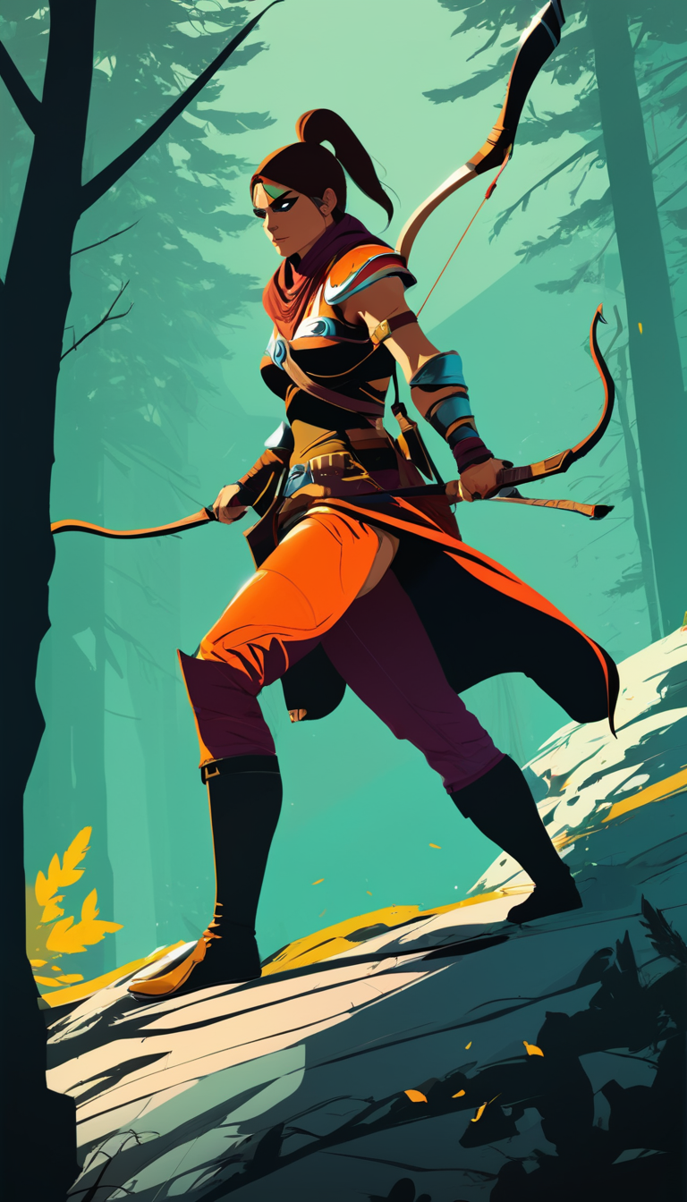 Cinematic scene, hero view, d4r rogue <lora:diablo_4_rogue_v0.0.3:1>, action pose, nature, detailed background, masterpiece, best quality, high quality, absurdres, Vector art, Vivid colors, Clean lines, Sharp edges, Minimalist, Precise geometry, Simplistic, Smooth curves, Bold outlines, Crisp shapes, Flat colors, Illustration art piece, High contrast shadows, Technical illustration, Graphic design, Vector graphics, High contrast, Precision artwork, Linear compositions, Scalable artwork, Digital art