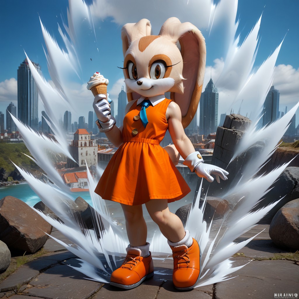 score_9, score_8_up, score_7_up, realism, 
   , masterpiece, beautiful, 1 girl, solo,, aura surrounding girl, glowing girl, rocks floating,
Kipowerup, small ki,glowing energy field, sharp jagged glowing energy waves,energy radiating from skin, white  aura,
Full body,
Cream the rabbit, 1girl, solo, anthro, furry, female, furry female,animal nose, smile,
orange dress, blue necktie, orange and yellow_ hoes, white socks, white gloves, gold buttons, white collar,orange shoes, city, bilding,