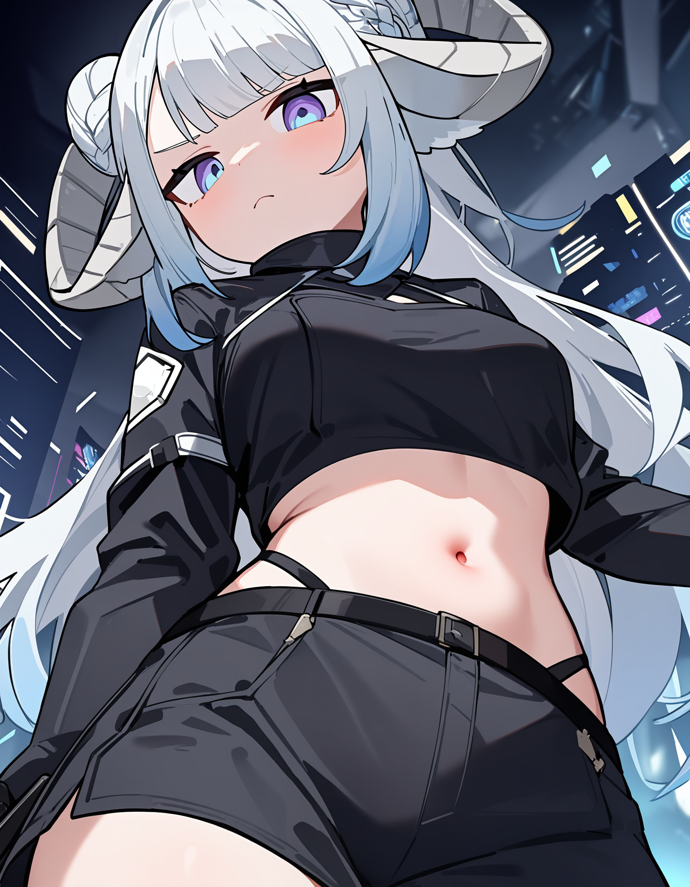 1girl, (MinaiAruma:1), (holding gun:1.1), 
jitome, annoyed, looking at viewer, 
alternate costume, cyberpunk costume, black clothes, midriff, (navel:1), 
cowboy shot, highly detailed background, dutch angle, from below, sfw, 
<lora:MinaiArumaXL_animagine3:1>, masterpiece, newest, absurdres
