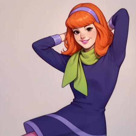 score_9, score_8_up, score_7_up BREAK DaphneCl, 1girl, orange hair, black eyes, pink lipstick, lavender headband, green scarf, long-sleeved purple lavender shirt, lavender cuffs, purple skirt, lavender hemline, pink tights, hands behind head, smiling at viewer, cowboy shot,