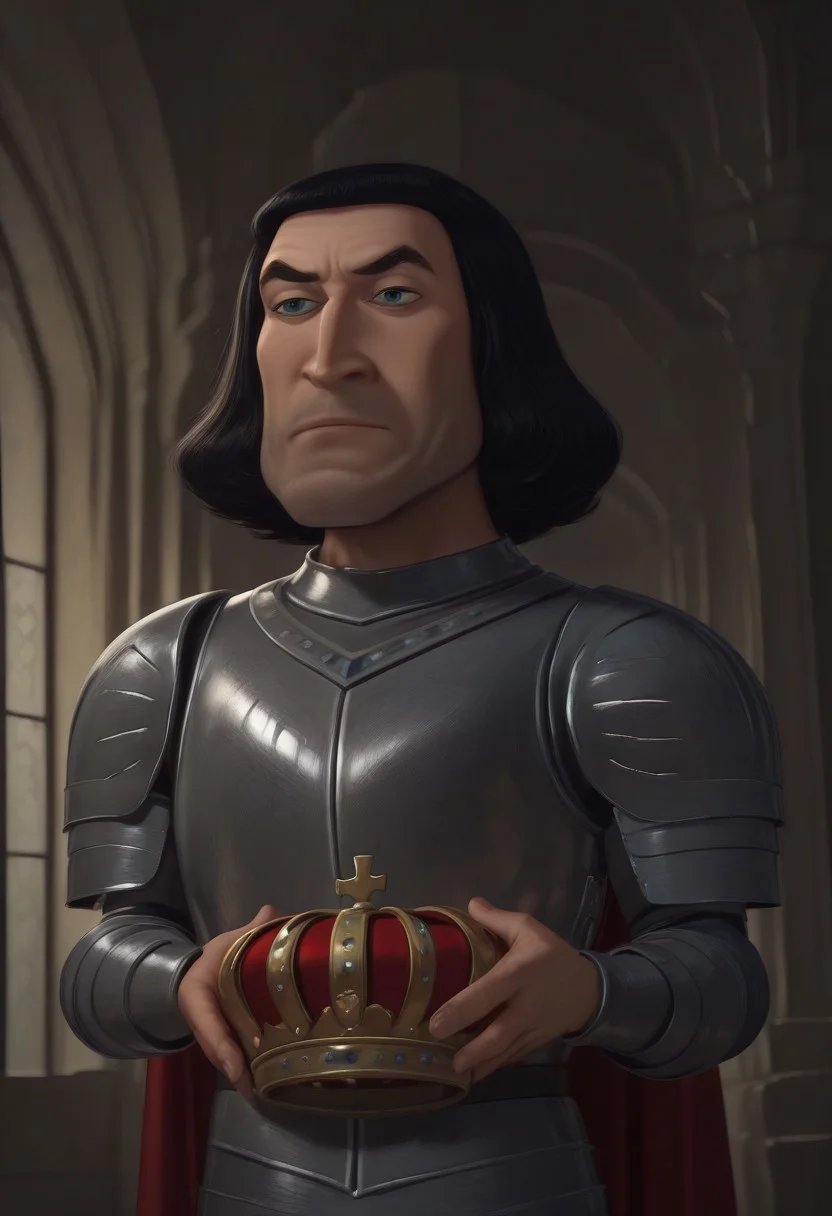 masterpiece, best quality, newest, absurdres, highres, anime, anime style, Lord-Farquad-IL-V1.0, armor, crown, holding crown, black hair,