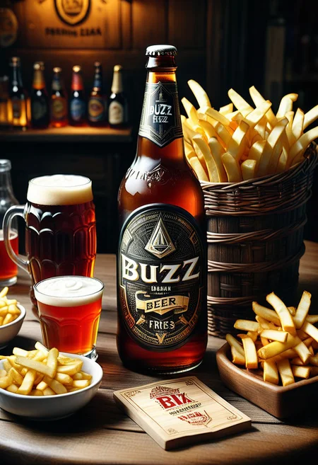 masterpiece,ASCII,8k.absurdes,intricate,maximum resolution, hyper detailed,
a bottle of beer with a strange and funny shape with the label reading "buzz", on a tavern table, wooden table, accompanied by a mug, and a basket of french fries,jars of sauces,, advertising campaign, winning photo
pureerosface_v1,DonM0ccul7Ru57XL