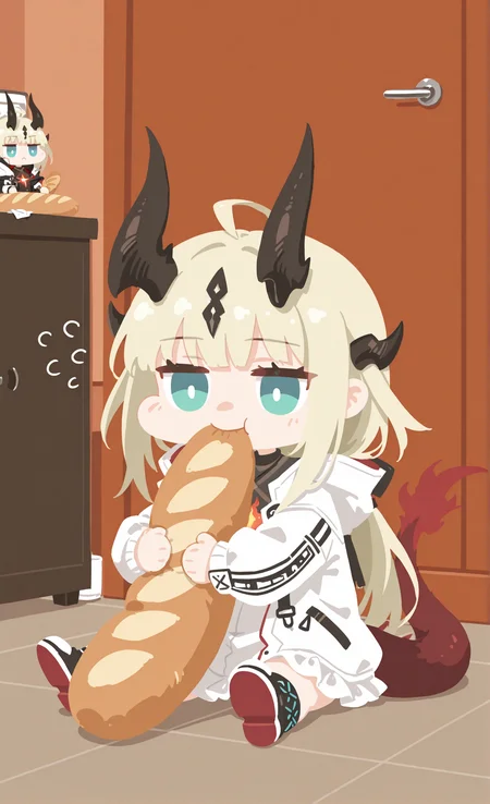masterpiece, sharp detail, intricate detail, 1girl, reed \(arknights\), chibi, sitting, hugging baguette, munching, indoors, sitting on floor, <lora:nineface-chibi-noob1-5:1> <lora:illustrious_flat_color_v2:1> flat color, no lineart,