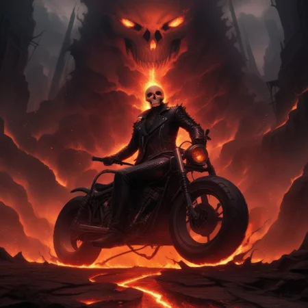 Dark Fantasy Art, Dark Moody Atmosphere, dramatic, mysterious, dark moody atmosphere, dark, moody, dark fantasy style, realistic anime,
BREAK,
Ghost Rider rockets up the skyscraper, his flaming motorcycle scorching a fiery path over glass and steel,
BREAK,
His skull, engulfed in hellfire, casts a sinister, flickering glow, with empty eye sockets seething with vengeful fire,
BREAK,
Flames curl around his skeletal form, his leather jacket and pants seared and frayed, smoldering as he rides,
BREAK,
sitting on his bike, (((cracked roadway))), cracked road, skull, from side, low angle shot, close up shot, detailed afce, detailed skull, front view, wide angle, burning wheels and bike, chopper motorcycle, chopper, burning engine, leaking lava from cracked road, red sunset,
detailed bike,