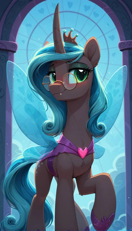 resolution,masterpiece,high resolution,my little pony,friendship is magic resolution,masterpiece,high resolution,solo,wild,pony,
female Changelings Reversalis,pony,black body,green eyes with slit pupils,she has a long turquoise mane with curled ends. She has a sharp black horn,holey sail-like wings with a pattern of hearts on the edges,TRANSPARENT BUTTERFLY WINGS, glasses <lora:Reversalis44:1>,