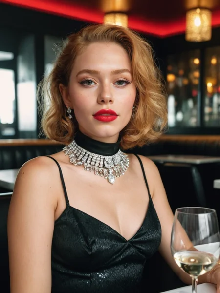 Analog photo of a woman looking like Christine_Duffy_P_MXAI_SDXL , shy expression, wearing a sequin dress, wearing a diamond choker, red lips, dramatic makeup, sitting in a restaurant, holding a glass of wine, medium closeup shot,